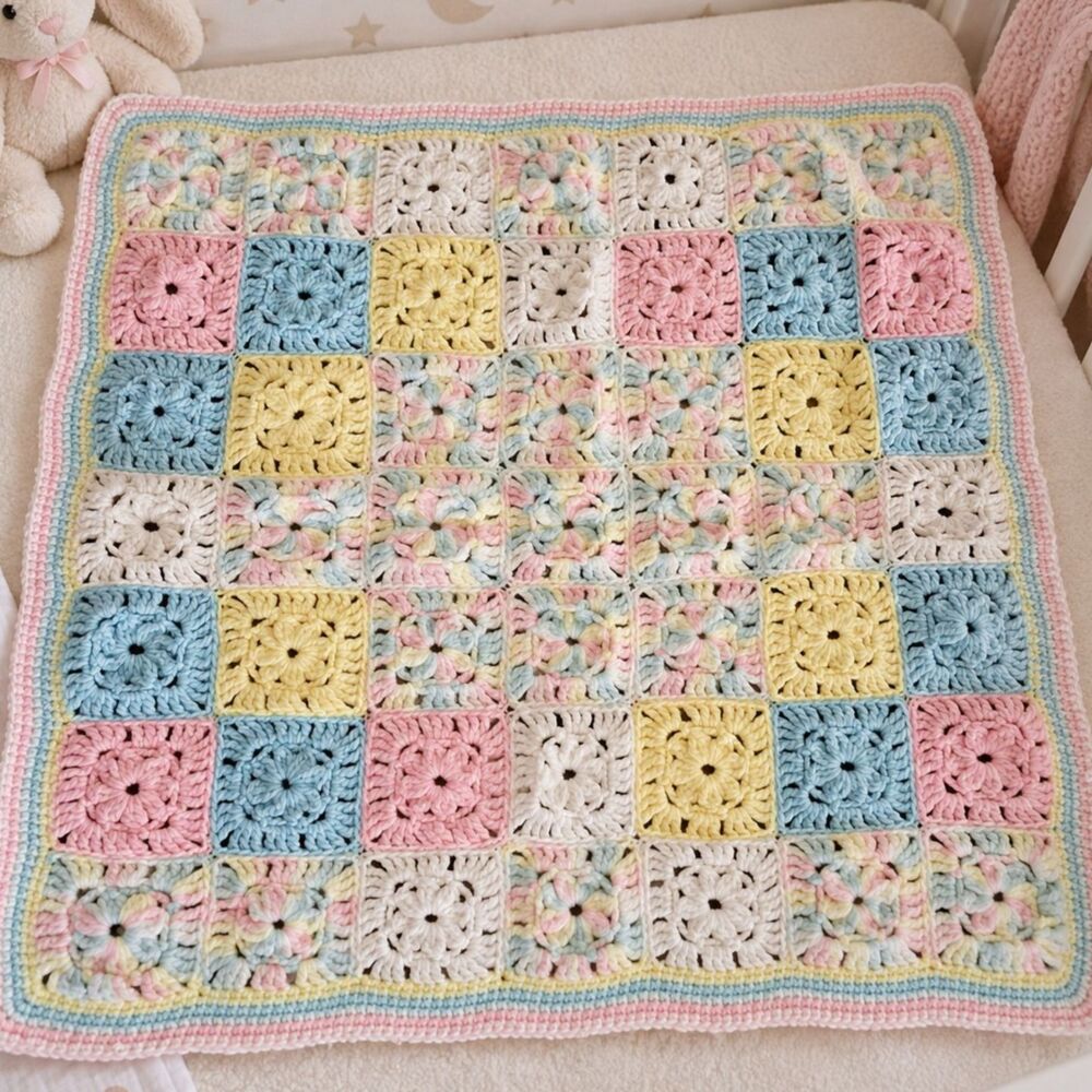 Vtg Handmade Crochet Granny Square Blanket Afghan Baby 32x32 Blue Pink Yellow